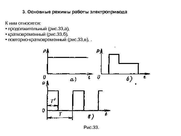 3. Основные режимы работы электропривода К ним относятся: • продолжительный (рис. 33, а), •