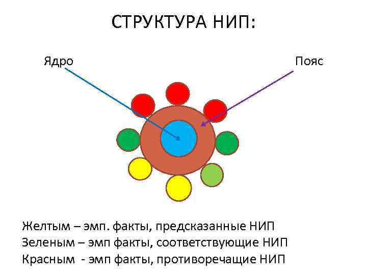 СТРУКТУРА НИП: Ядро Желтым – эмп. факты, предсказанные НИП Зеленым – эмп факты, соответствующие