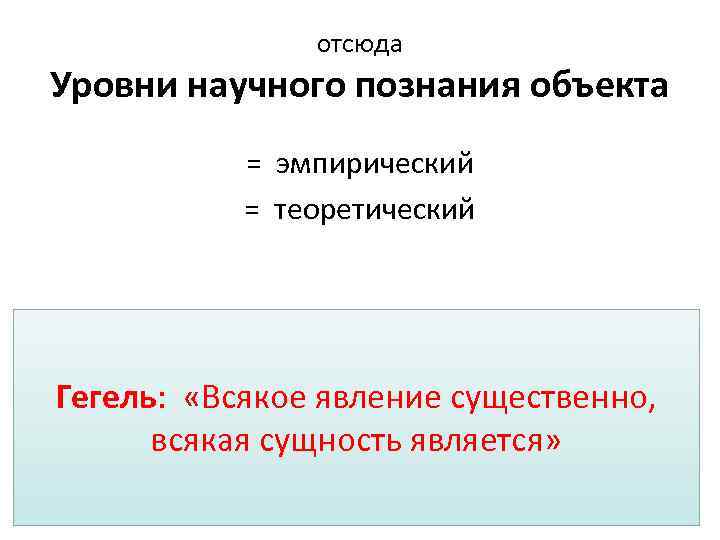 отсюда Уровни научного познания объекта = эмпирический = теоретический Гегель: «Всякое явление существенно, всякая