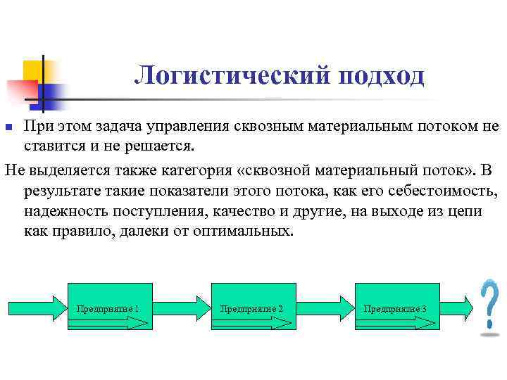 Логистический подход При этом задача управления сквозным материальным потоком не ставится и не решается.