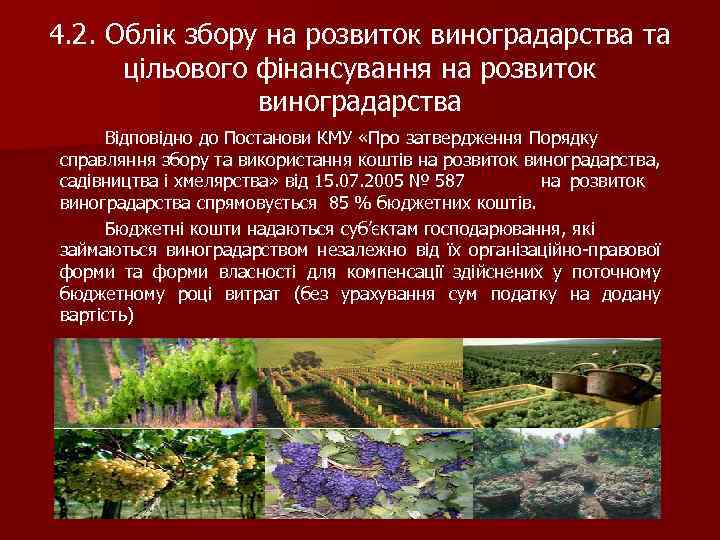 4. 2. Облік збору на розвиток виноградарства та цільового фінансування на розвиток виноградарства Відповідно