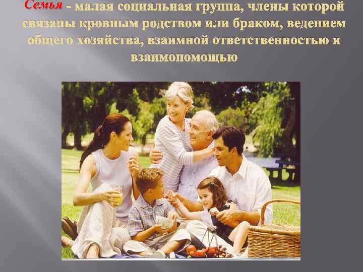 Семья - малая социальная группа, члены которой связаны кровным родством или браком, ведением общего