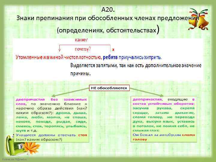 А 20. Знаки препинания при обособленных членах предложения (определениях, обстоятельствах) Fokina. Lida. 75@mail. ru