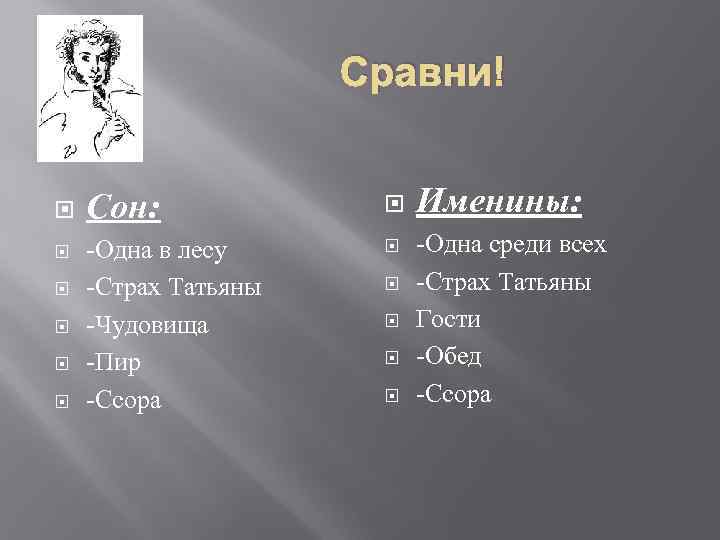 Сравни! Сон: -Одна в лесу -Страх Татьяны -Чудовища -Пир -Ссора Именины: -Одна среди всех