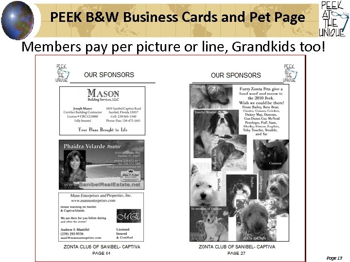 PEEK B&W Business Cards and Pet Page Members pay per picture or line, Grandkids