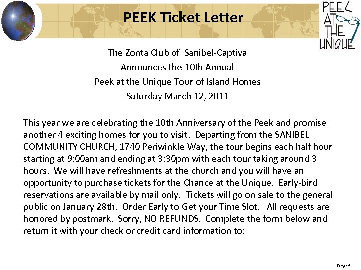 PEEK Ticket Letter The Zonta Club of Sanibel-Captiva Announces the 10 th Annual Peek