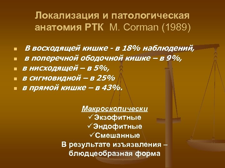 Локализация и патологическая анатомия РТК М. Corman (1989) n n n В восходящей кишке