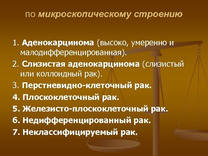 по микроскопическому строению 1. Аденокарцинома (высоко, умеренно и малодифференцированная). 2. Слизистая аденокарцинома (слизистый или