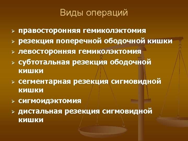 Виды операций Ø Ø Ø Ø правосторонняя гемиколэктомия резекция поперечной ободочной кишки левосторонняя гемиколэктомия