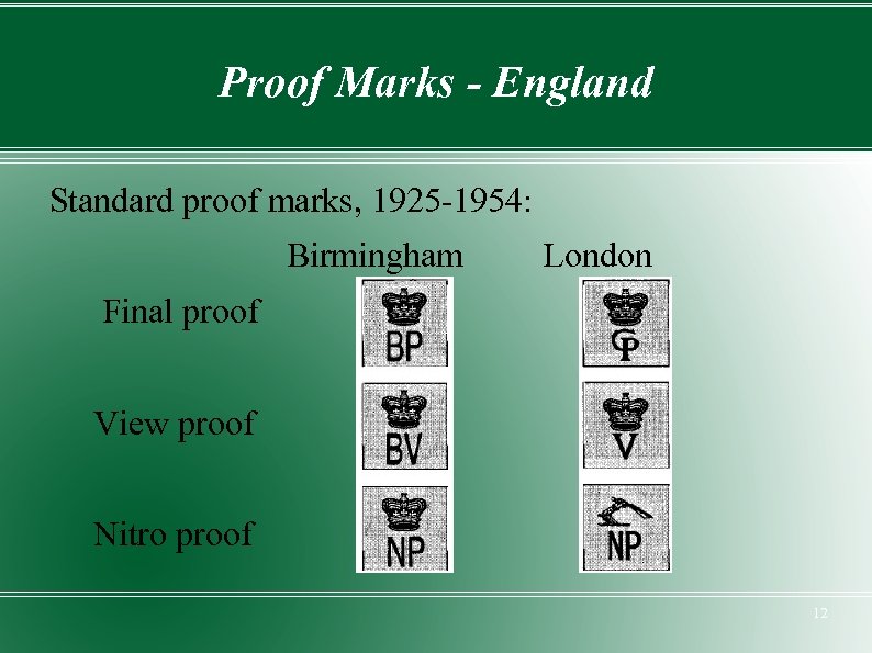Proof Marks - England Standard proof marks, 1925 -1954: Birmingham London Final proof View