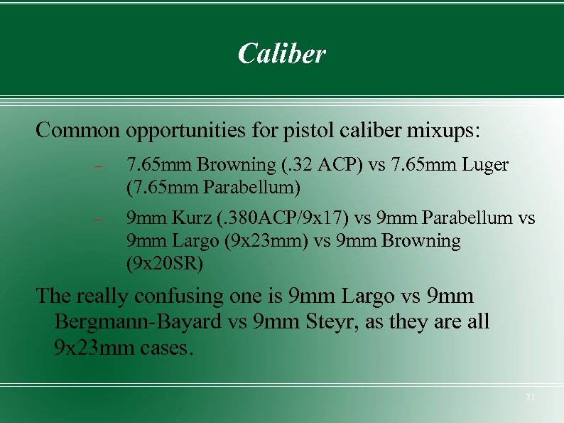 Caliber Common opportunities for pistol caliber mixups: 7. 65 mm Browning (. 32 ACP)
