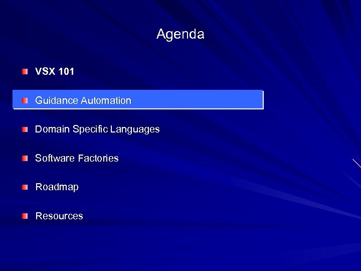 Agenda VSX 101 Guidance Automation Domain Specific Languages Software Factories Roadmap Resources 