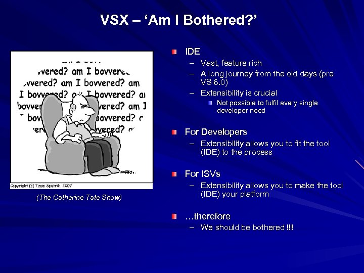 VSX – ‘Am I Bothered? ’ IDE – Vast, feature rich – A long