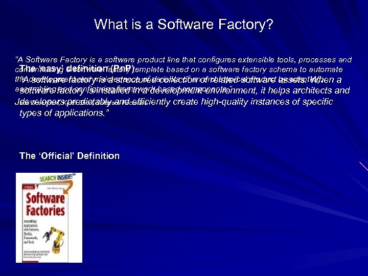 What is a Software Factory? “A Software Factory is a software product line that