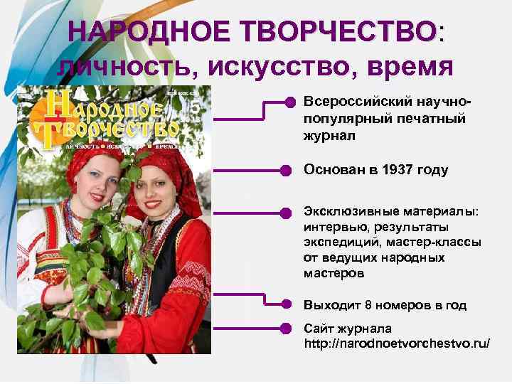 НАРОДНОЕ ТВОРЧЕСТВО: личность, искусство, время Всероссийский научнопопулярный печатный журнал Основан в 1937 году Эксклюзивные