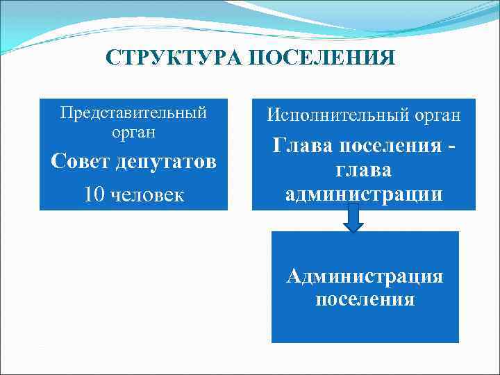 СТРУКТУРА ПОСЕЛЕНИЯ Представительный орган Совет депутатов 10 человек Исполнительный орган Глава поселения глава администрации