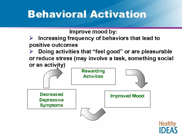 Behavioral Activation Improve mood by: Ø Increasing frequency of behaviors that lead to positive