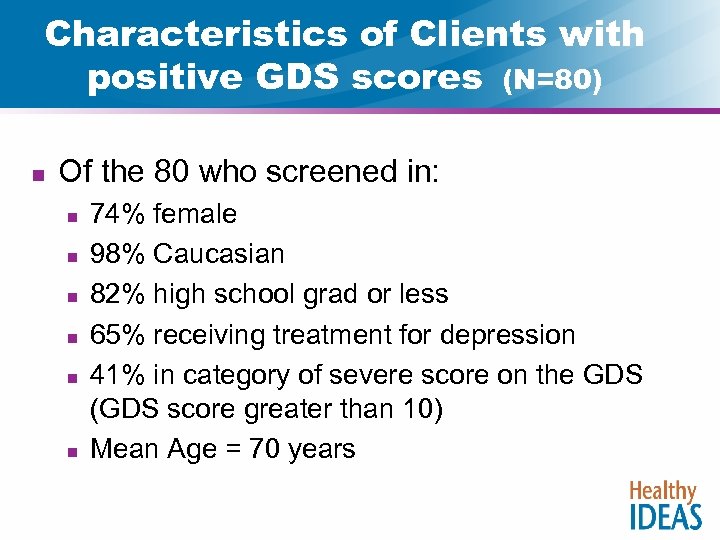 Characteristics of Clients with positive GDS scores (N=80) n Of the 80 who screened