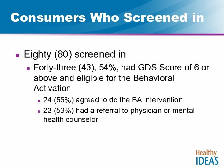 Consumers Who Screened in n Eighty (80) screened in n Forty-three (43), 54%, had