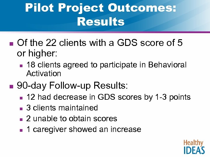 Pilot Project Outcomes: Results n Of the 22 clients with a GDS score of