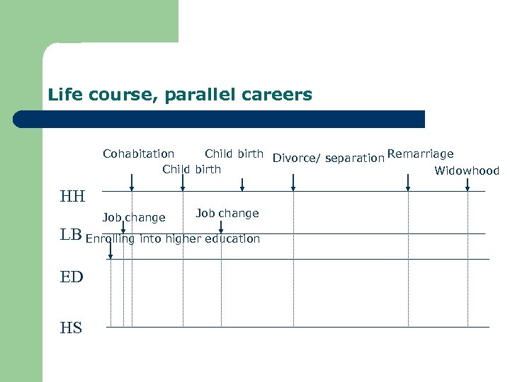 Life course, parallel careers Cohabitation Child birth Divorce/ separation Remarriage Child birth Widowhood HH