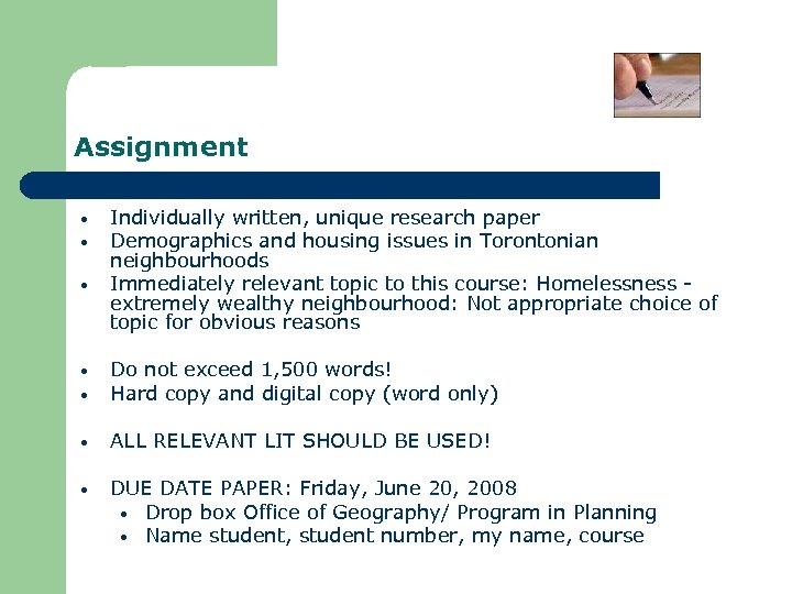 Assignment • • • Individually written, unique research paper Demographics and housing issues in