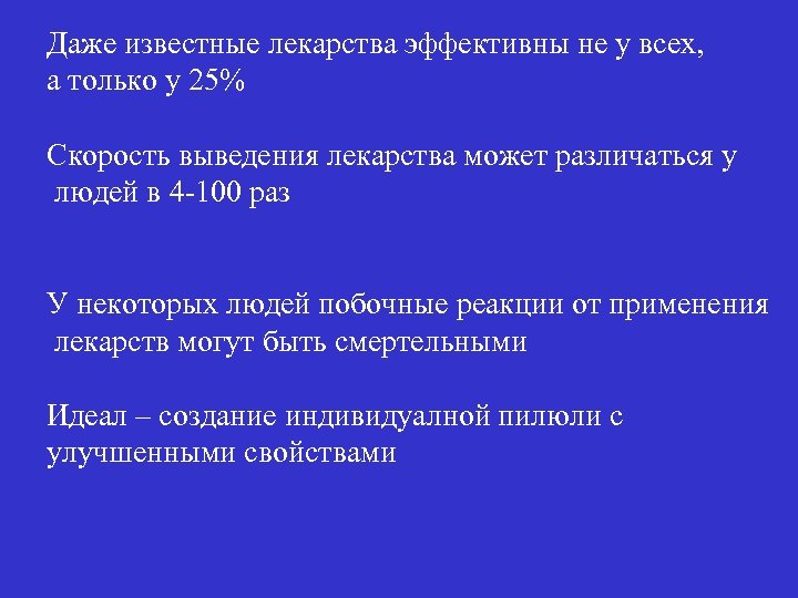 Даже известные лекарства эффективны не у всех, а только у 25% Скорость выведения лекарства