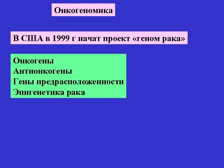 Онкогеномика В США в 1999 г начат проект «геном рака» Онкогены Антионкогены Гены предрасположенности