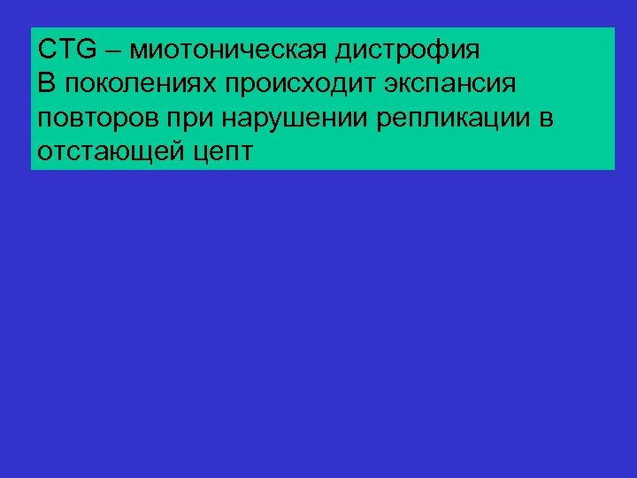 CTG – миотоническая дистрофия В поколениях происходит экспансия повторов при нарушении репликации в отстающей