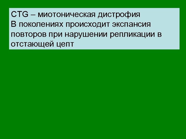 CTG – миотоническая дистрофия В поколениях происходит экспансия повторов при нарушении репликации в отстающей