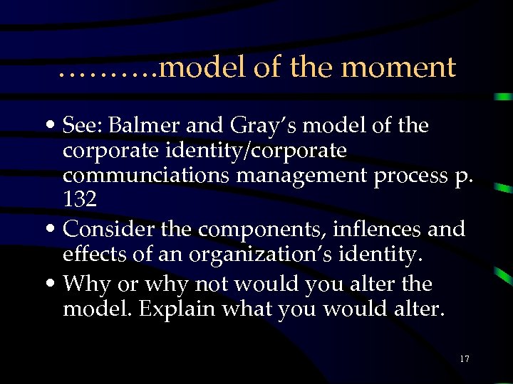 ………. model of the moment • See: Balmer and Gray’s model of the corporate