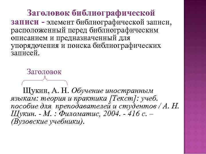 Заголовок библиографической записи - элемент библиографической записи, расположенный перед библиографическим описанием и предназначенный для