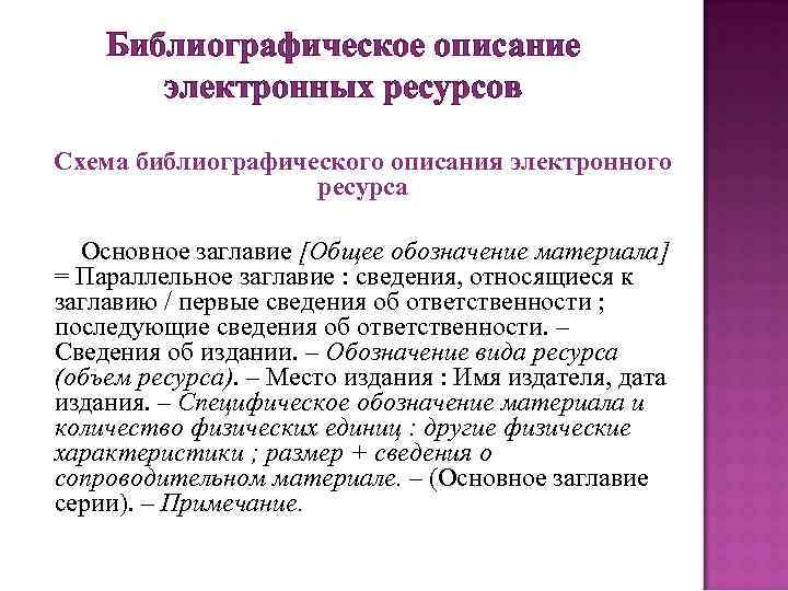 Библиографическое описание электронных ресурсов Схема библиографического описания электронного ресурса Основное заглавие [Общее обозначение материала]