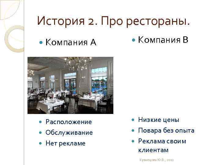 История 2. Про рестораны. Компания А Расположение Обслуживание Нет рекламе Компания В Низкие цены
