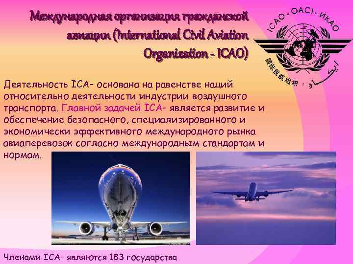 Международная организация гражданской авиации (International Civil Aviation Organization - ICAO) Деятельность ICA- основана на