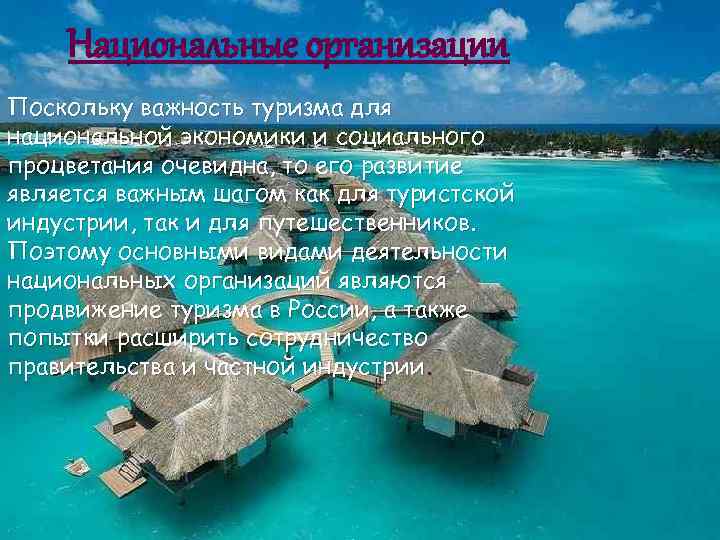 Национальные организации Поскольку важность туризма для национальной экономики и социального процветания очевидна, то его