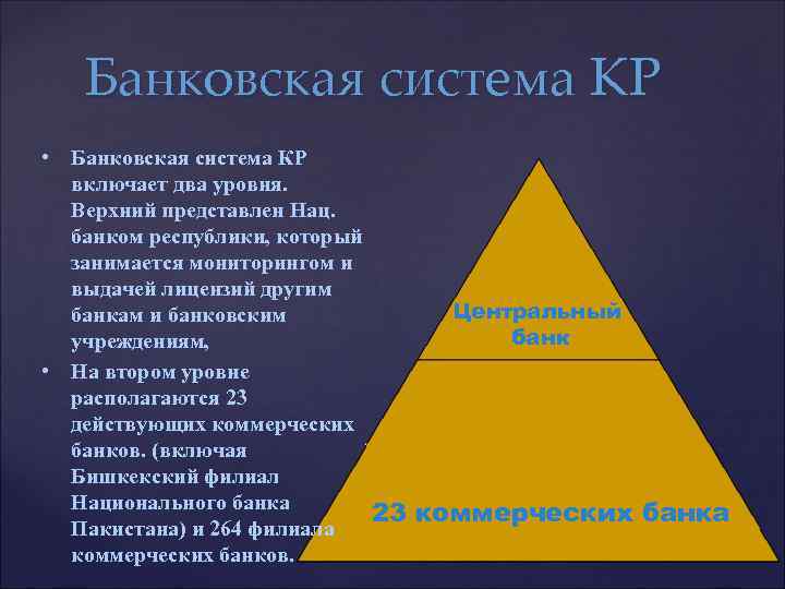 Банковская система КР • Банковская система КР включает два уровня. Верхний представлен Нац. банком