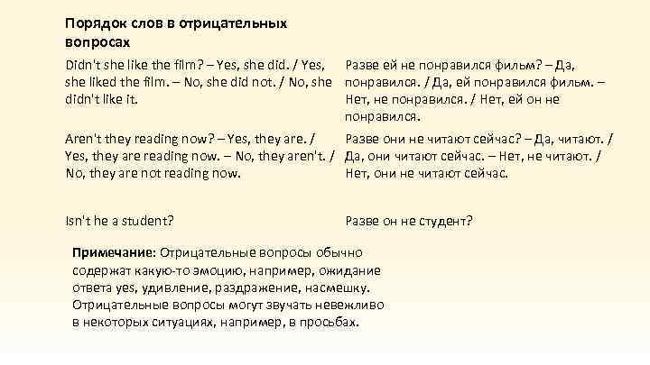 Порядок слов в отрицательных вопросах Didn't she like the film? – Yes, she did.