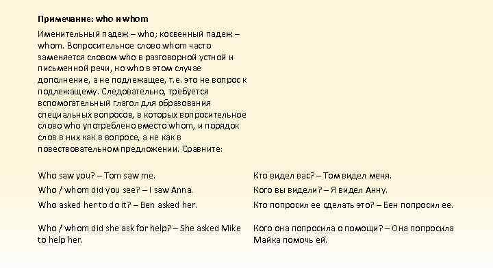 Примечание: who и whom Именительный падеж – who; косвенный падеж – whom. Вопросительное слово