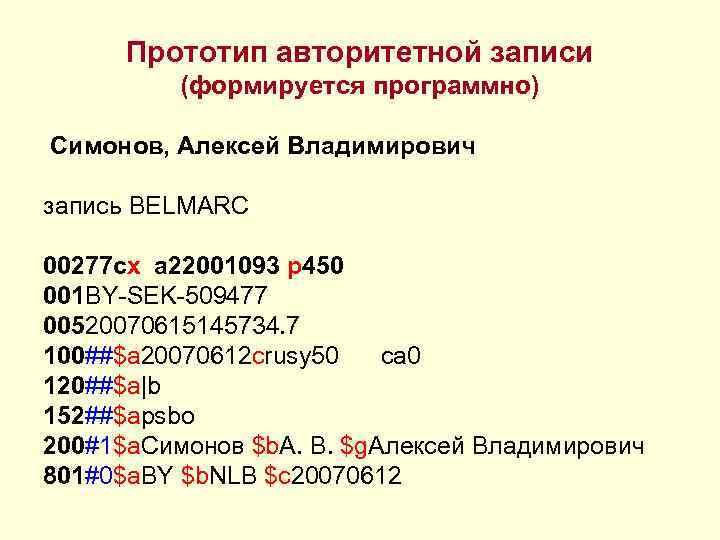 Прототип авторитетной записи (формируется программно) Симонов, Алексей Владимирович запись BELMARC 00277 cx a 22001093