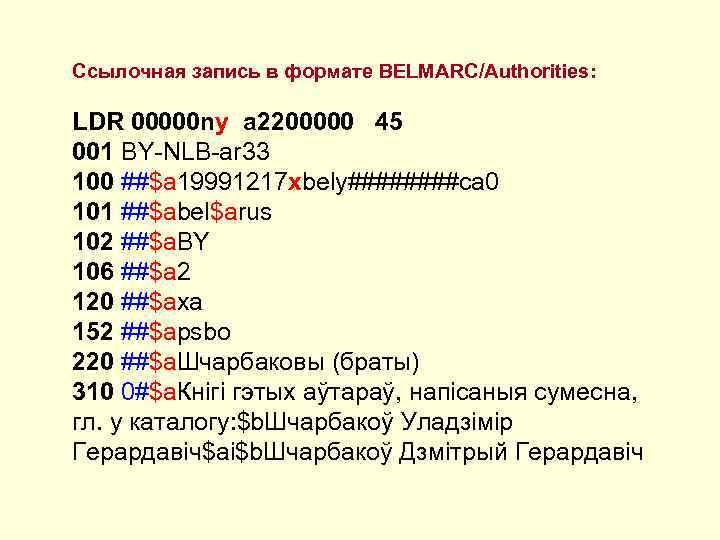 Ссылочная запись в формате BELMARC/Authorities: LDR 00000 ny а 2200000 45 001 BY-NLB-ar 33