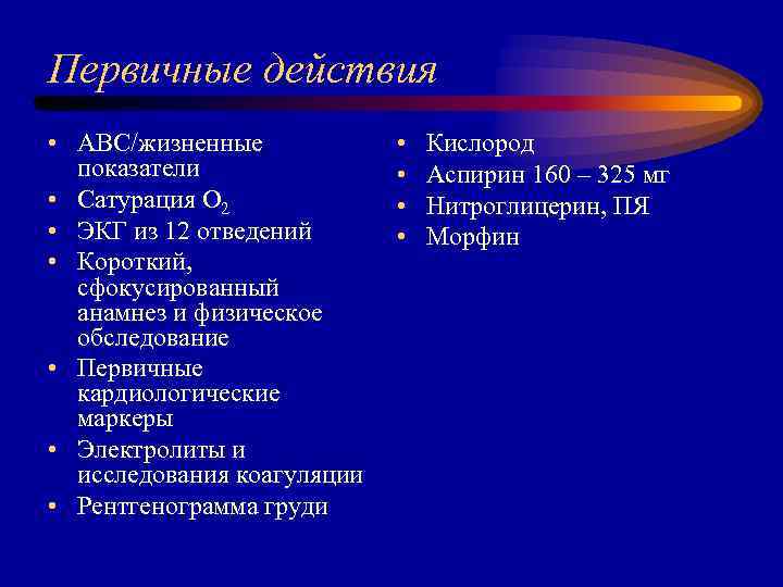 Первичные действия • ABC/жизненные показатели • Сатурация O 2 • ЭКГ из 12 отведений