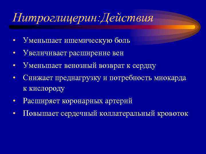 Нитроглицерин: Действия • Уменьшает ишемическую боль • Увеличивает расширение вен • Уменьшает венозный возврат