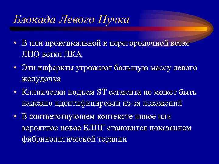 Блокада Левого Пучка • В или проксимальной к перегородочной ветке ЛПО ветки ЛКА •