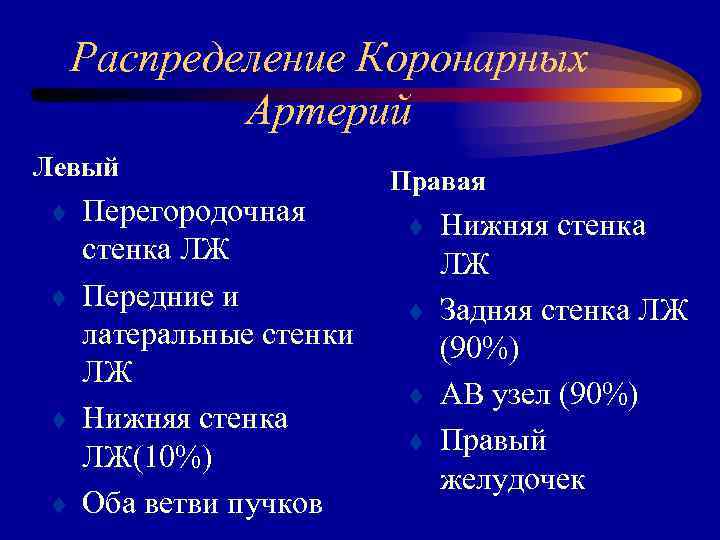 Распределение Коронарных Артерий Левый t t Перегородочная стенка ЛЖ Передние и латеральные стенки ЛЖ