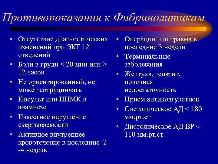 Противопоказания к Фибринолитикам • Отсутствие диагностических изменений при ЭКГ 12 отведений • Боли в