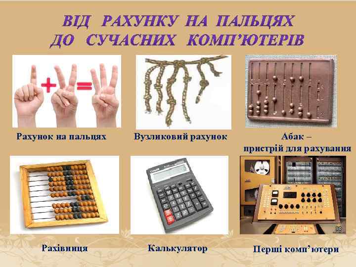 Рахунок на пальцях Рахівниця Вузликовий рахунок Абак – пристрій для рахування Калькулятор Перші комп’ютери