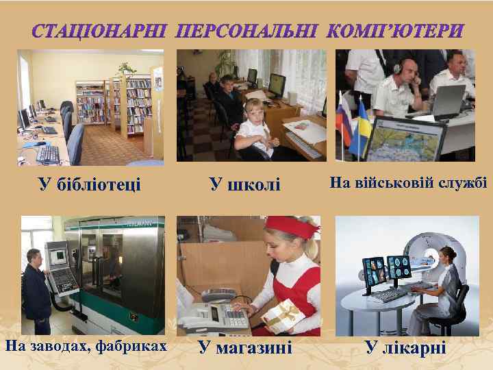 У бібліотеці У школі На військовій службі На заводах, фабриках У магазині У лікарні