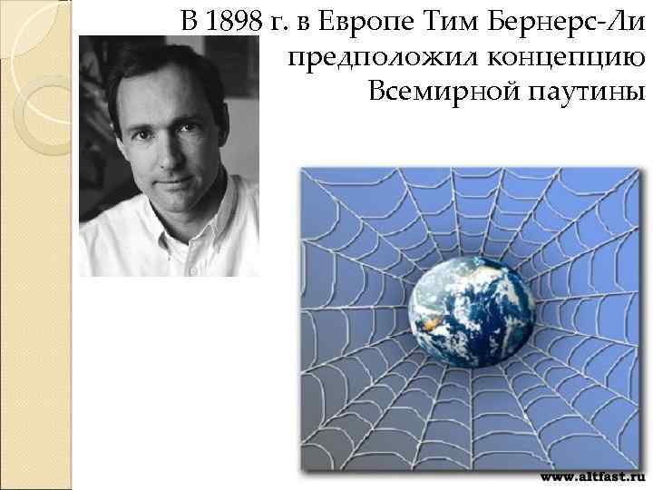 В 1898 г. в Европе Тим Бернерс-Ли предположил концепцию Всемирной паутины 