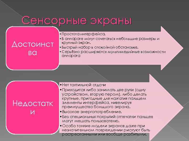 Сенсорные экраны Достоинст ва Недостатк и • Простота интерфейса. • В аппарате могут сочетаться